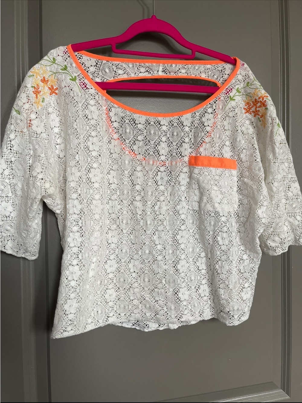 Vintage tag !!! Free People White Lace Short Sleeve Top with Neon Orange Trim M
